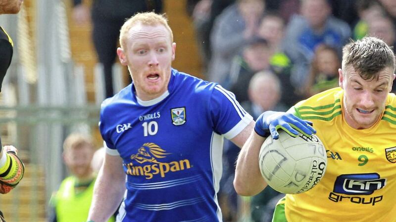 Donegal Leo McLoone with Cian Mackey of Cavan during the Ulster Senior Football Championship preliminary round at Ballybofey last month Picture Margaret McLaughlin. 