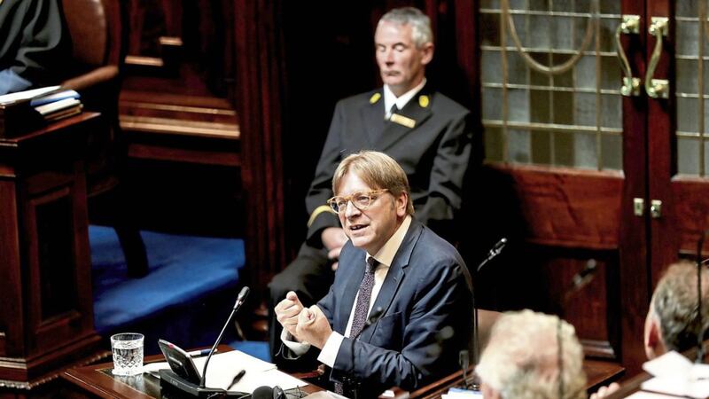 Brexit Coordinator, Guy Verhofstadt addressing a special meeting of three Oireachtas committee in the D&aacute;il chamber PICTURE: Maxwells/PA 