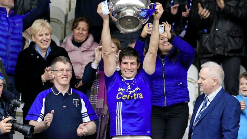 Darren Hughes lifts the Mick Duffy Cup after Sunday&#39;s Monaghan final victory over Ballybay. Picture by Philip Walsh 