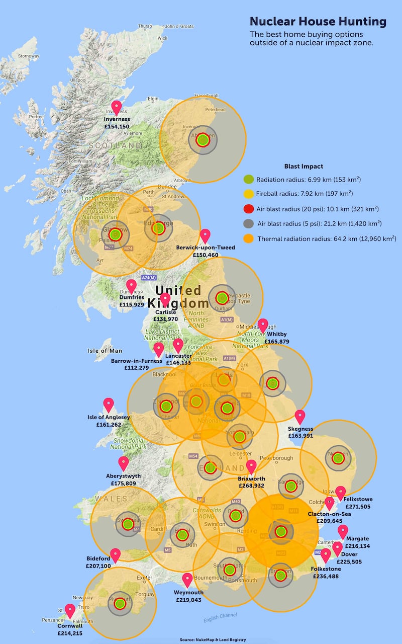 Map of Britain showing the fallout and radiation areas affected if there was an all out strike on the UK (eMoov)
