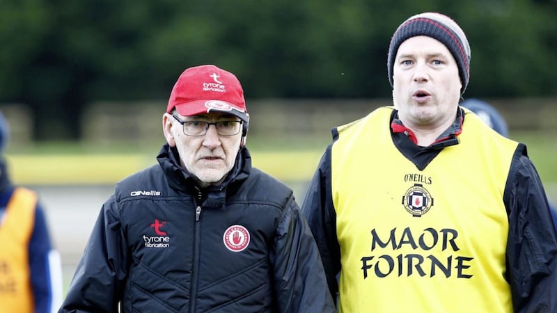 Tyrone manager Mickey Harte and assistant Gavin Devlin. Picture by Philip Walsh 
