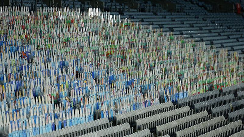 Paintings of supporters, produced by schoolchildren from Dublin and Mayo, fill the seats at Croke Park during Saturday&rsquo;s All-Ireland SFC final, which brought down the curtain on a tumultuous inter-county season. Picture by Philip Walsh&nbsp;