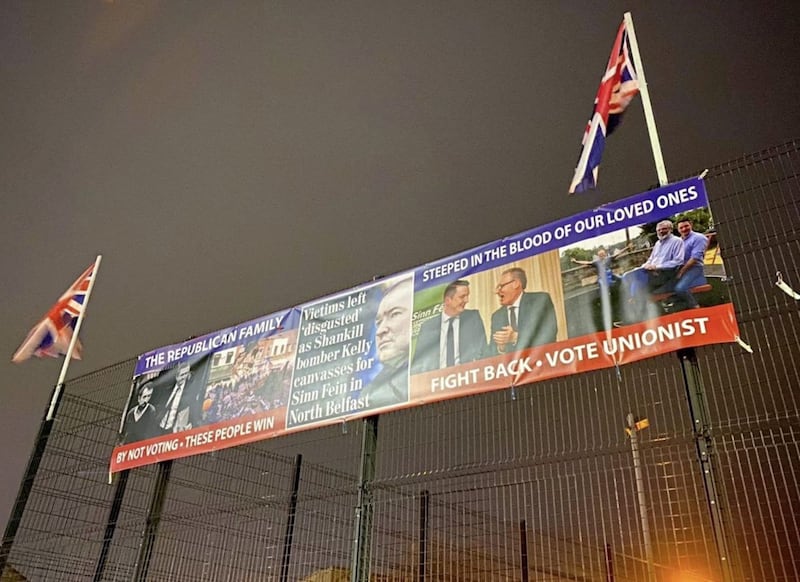 A banner targeting Sinn F&eacute;in&#39;s John Finucane in the loyalist Tigers Bay area of north Belfast which has been removed 
