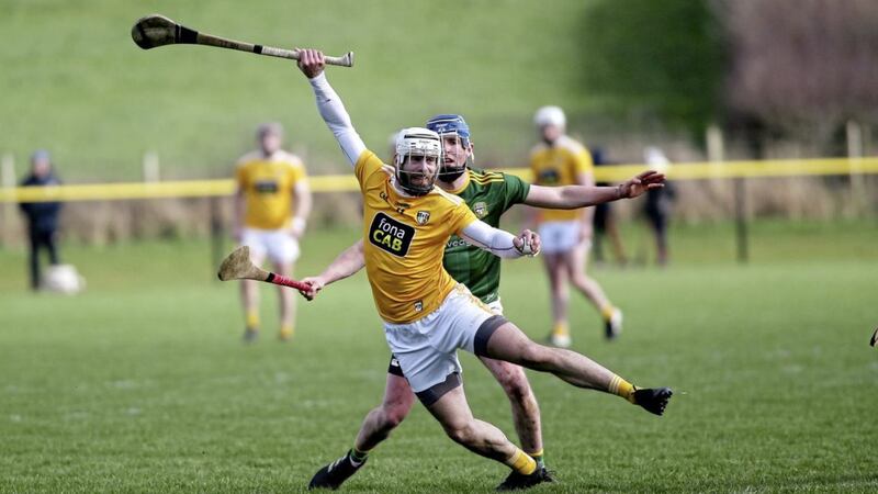Antrim's Neil McManus top-scored with 2-9 while Meath defender Luke Moran was sent off in the NHL Division 2A game at Portglenone.<br />Picture Seamus Loughran