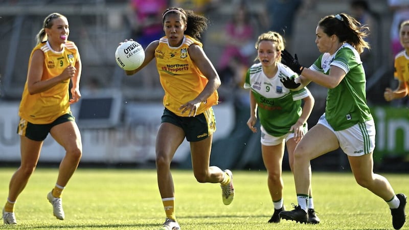 Lara Dahunsi of Antrim in action against Sarah Britton of Fermanagh during the TG4 All-Ireland Ladies Junior Football Championship Final Replay between Antrim and Fermanagh at the Athletic Grounds, Armagh Picture: Oliver McVeigh/Sportsfile 