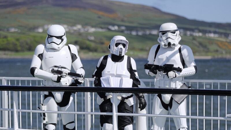 Members of the 501st Legion Ireland Garrison arrive at Greencastle in Co Donegal, on the Lough Foyle Ferry from Co Derry for the May the 4th Festival in Malin Head where scenes from Star Wars the Last Jedi where filmed Picture by Niall Carson/PA 