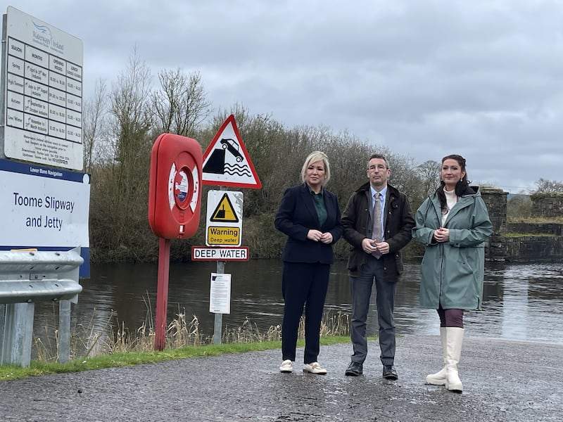 First Minister Michelle O’Neill (left), Agriculture and Environment Minister Andrew Muir and deputy First Minister Emma Little-Pengelly visit Lough Neagh