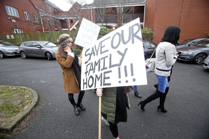 Members of Riverdale and Finaghy Tenants&#39; Association protesting outside Victoria Housing Estates (VHE) in Holywood, Co Down. Picture by Mal McCann 