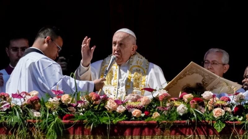 Pope Francis bestows the plenary Urbi et Orbi blessing at the Vatican on Easter Sunday. Picture by Alessandra Tarantino/AP