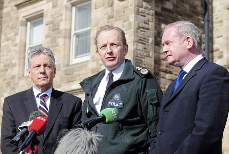 Then First Minister Peter Robinson and Deputy First Minister Martin McGuinness joined Chief Constable Sir Hugh Orde at a press conference at Stormont Castle the day after Stephen Carroll's murder