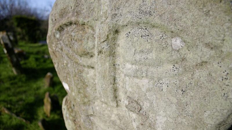 One of the two ancient stone-carved figures at Caldragh cemetery, Boa Island, Co Fermanagh 