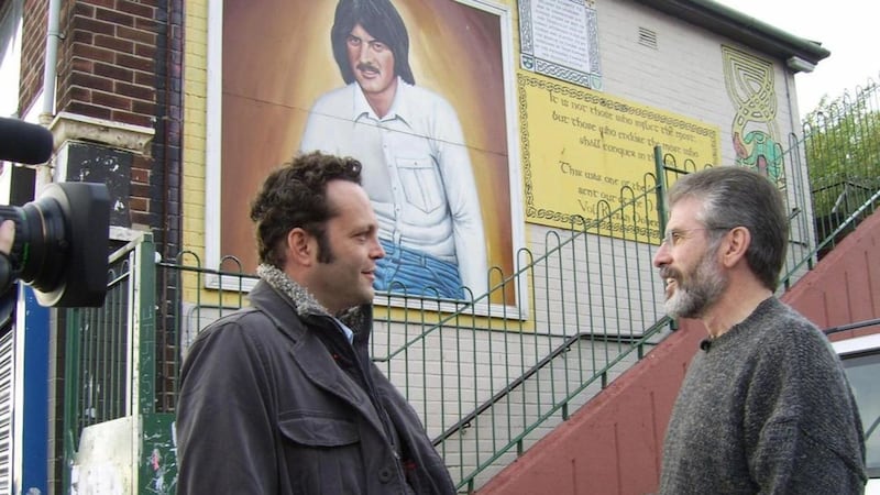 Hollywood actor Vince Vaughn interviews Sinn F&eacute;in leader Gerry Adams in front of a mural of hunger striker Kieran Doherty in west Belfast during the filming of his 2006 documentary Art of the Conflict. The star of the newly released Hacksaw Ridge has called upon feuding Gallagher brothers Noel and Liam to bury the hatchet 