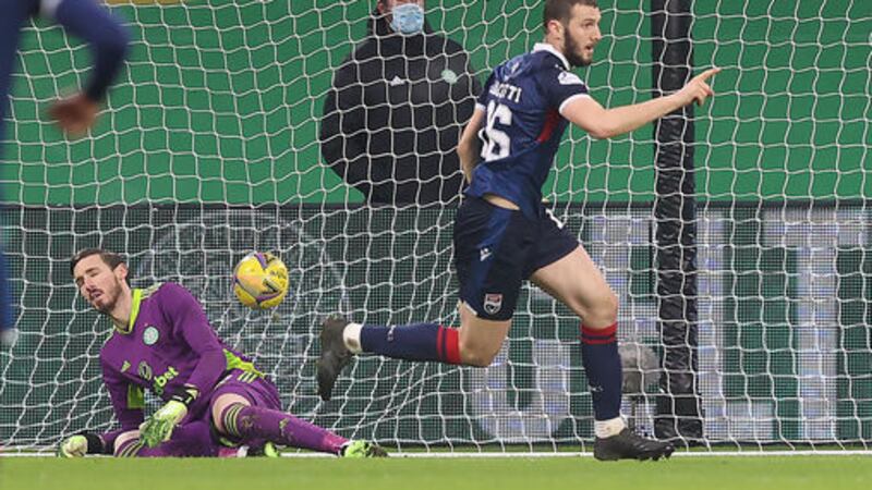 Ross County's Alex Iacovitti celebrates scoring his side's second goal of the game past Celtic goalkeeper Vassilis Barkas at Celtic Park<br />Picture by PA&nbsp; &nbsp;