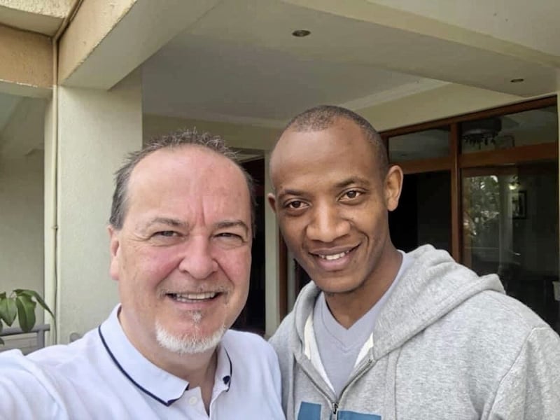 Tony Macaulay pictured with his co-author on Kill the Devil, Juvens Nsabimana, taken in Kigali, Uganda.  