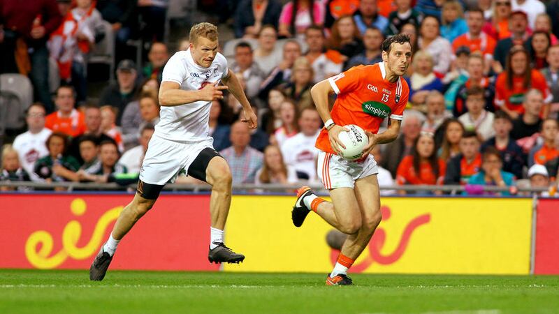 Armagh&rsquo;s Jamie Clarke has the edge with Kildare&rsquo;s Peter Kelly hot on his heels during Saturday&rsquo;s All-Ireland Qualifying round 4B clash at Croke Park<br />Picture by Seamus Loughran