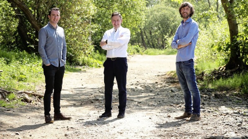 Maxol Group chief executive Brian Donaldson (centre) with Evermore and Bright co-founders Ciaran Devine (left) and Stephen Devine (right). Photo by Kelvin Boyes 