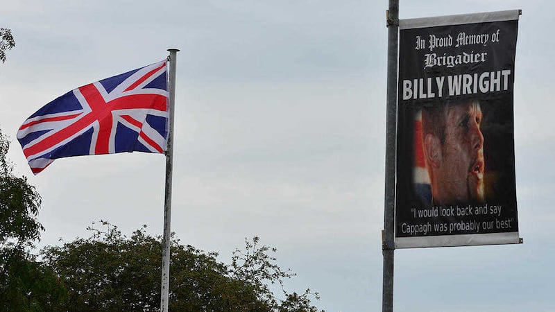 The original Billy Wright banner hung from a lamppost in Dungannon last month 