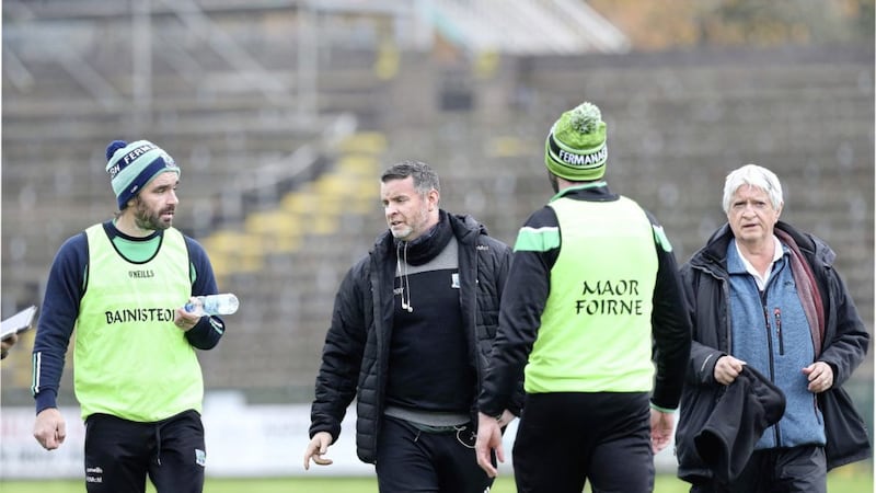 Fermanagh manager Ryan McMenamin with Paul McIver and Brian McIver before playing Down during the Ulster Senior Football Championship quarter final match played at Brewster Park, Enniskillen on Sunday 8th November 2020. Picture by Margaret McLaughlin 