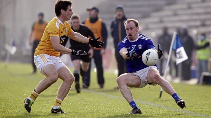 Fighting spirit. Cavan&#39;s Martin Reilly takes on Antrim&#39;s Kevin O&#39;Boyle in Saturday&#39;s Ulster Football Championship quarter-final at Breffni Park. Picture: Seamus Loughran. 