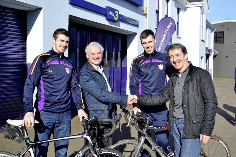 Jimmy Byrne from Modern Tyres, primary sponsor of Derrygonnelly&rsquo;s Harps Tour, helps launch the club&rsquo;s fundraising cycle with co-ordinator Donal Fee and club players Micky and Ryan Jones                                     