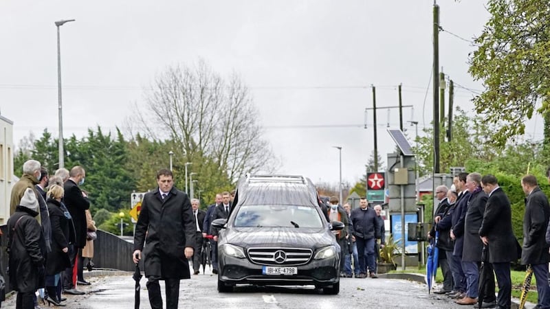 The hearse carrying the coffin of Austin Currie arrives at the Church of the Immaculate Conception in Allenwood, Co. Kildare, for Requiem Mass. Picture by Brian Lawless/PA Wire 