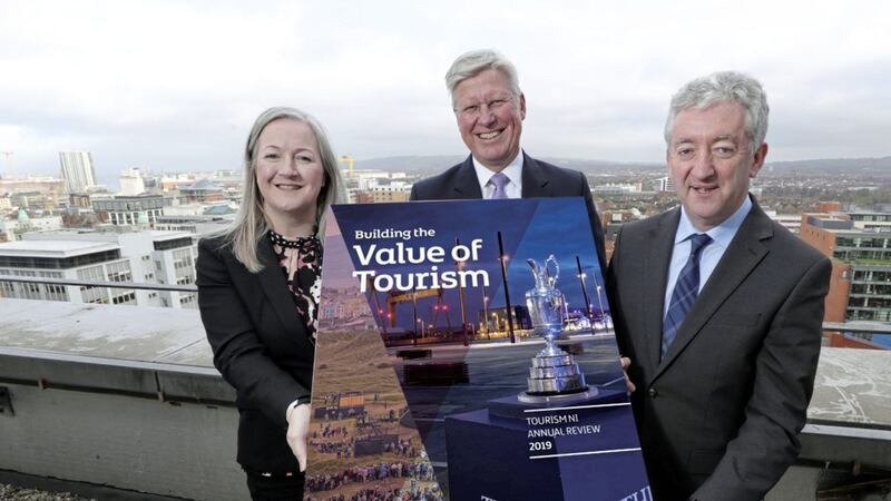 Launching Tourism NI&#39;sreview of the year are the organisation&#39;s chief executive John McGrillen (right) and director of business support and events Aine Kearney with Martin Slumbers, chief executive of R&amp;A 
