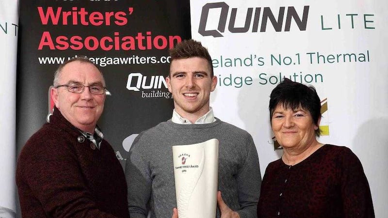 Connor McAliskey of Tyrone, winner of the Quinn Products Ulster GAA Writers&#39; January Monthly Award, pictured with his parents Sean and Bertilla. Picture by Peadar McMahon 