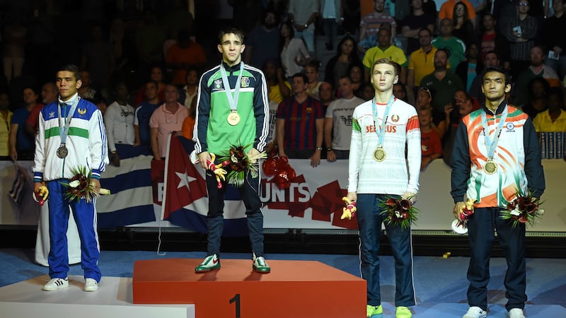 Michael Conlan on the podium after winning his gold medal in the men's bantamweight final in Doha&nbsp;