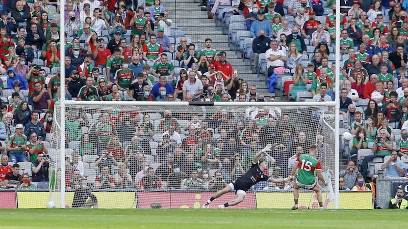 Mayo&#39;s Ryan O&#39;Donoghue misses his second half penalty during the GAA Football All-Ireland Senior Championship Between Tyrone and Mayo at Croke Park Dublin 09-11-2021. Pic Philip Walsh. 