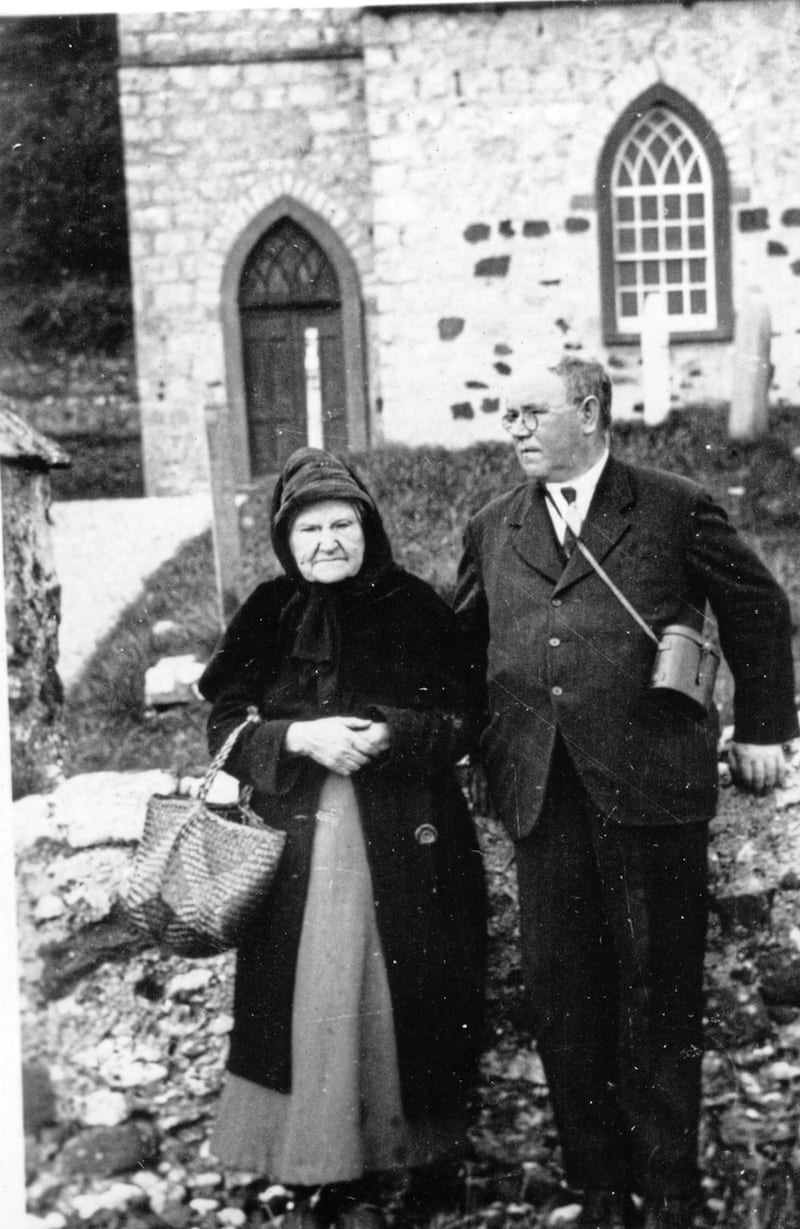 Folklorist Sam Henry pictured with Rathlin storyteller, Katie Glass &ndash; taken from the Sam Henry collection at Coleraine Museum and reproduced in Lore of the Land 