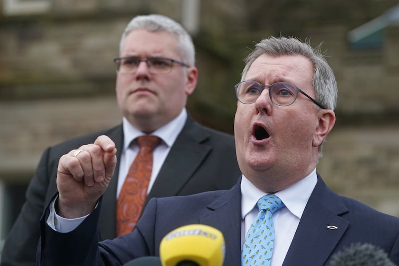 Gavin Robinson (left) has become interim DUP leader after the resignation of Sir Jeffrey Donaldson (right)