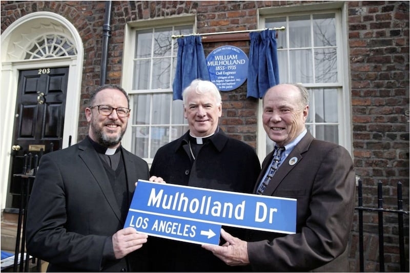 Father Eugene O&#39;Neill, Bishop Noel Treanor and Tom LaBonge in Belfast for the Ulster History Circle Blue Plaque to William Mulholland. Picture by Hugh Russell 