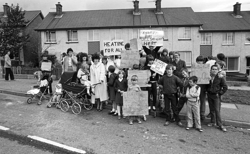 Residents protest against Housing Executive&#39;s decision not to install central heating in squatters&#39; homes in 1982 