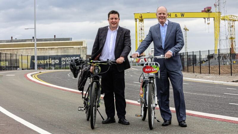 Pictured on Hamilton Road, which includes a cycleway and pedestrian walkway, are Titanic Quarter Ltd&rsquo;s commercial director James Eyre and Belfast Harbour&rsquo;s CEO Joe O&rsquo;Neill. Picture: Brian Thompson 