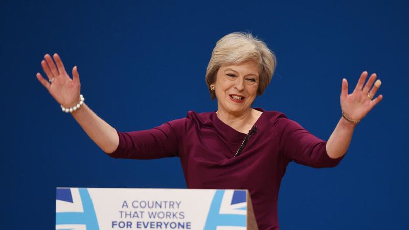 Prime Minister Theresa May makes her keynote address on the fourth day of the Conservative party conference at the ICC in Birmingham yesterday PICTURE: Joe Giddens/PA 