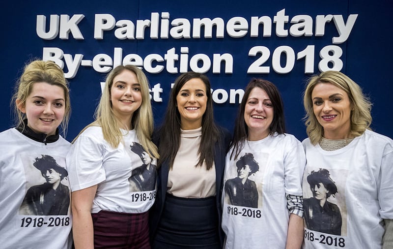 Newly elected Sinn F&eacute;in MP &Oacute;rfhlaith Begley with supporters wearing Countess Markievicz t-shirts&nbsp;