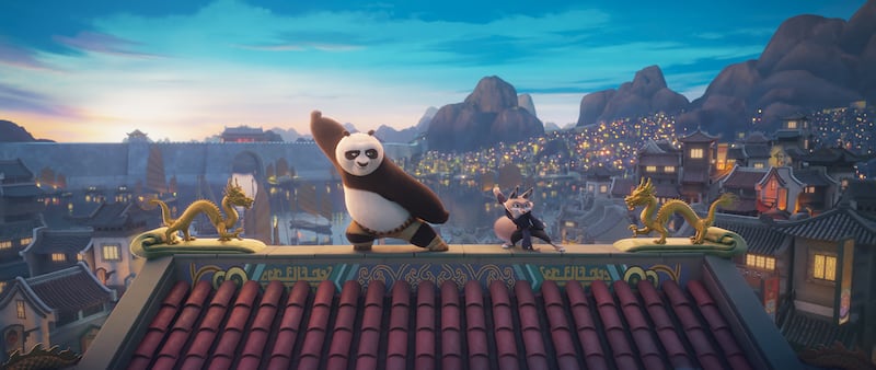 Po (Jack Black) and Zhen (Awkwafina) in Kung Fu Panda 4.