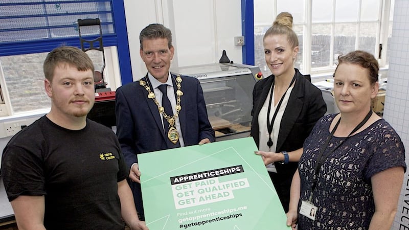 Mayor of Derry City and Strabane District Council (DCSDC), John Boyle with Seanna Gillespie, marketing officer at DCSDC, Matthew Brown, apprentice at Fablab and Nicky Gilleece, skills project officer at DCSDC. 