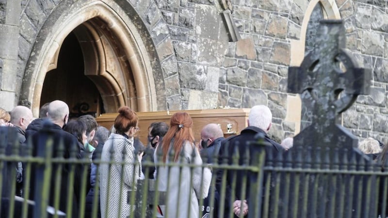 Family and friends at the funeral of Aaron Webb at at St Joseph&#39;s Church, Glenavy. Picture by Hugh Russell 