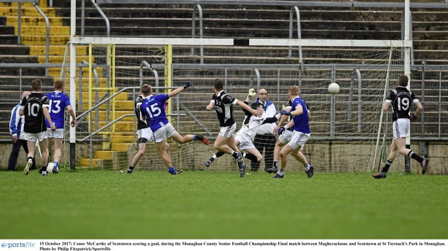 Conor McCarthy fires home Scotstown's second goal in their 2-17 to 0-13 victory over Magheracloone in the Monaghan SFC final yesterday Picture: Sportsfile