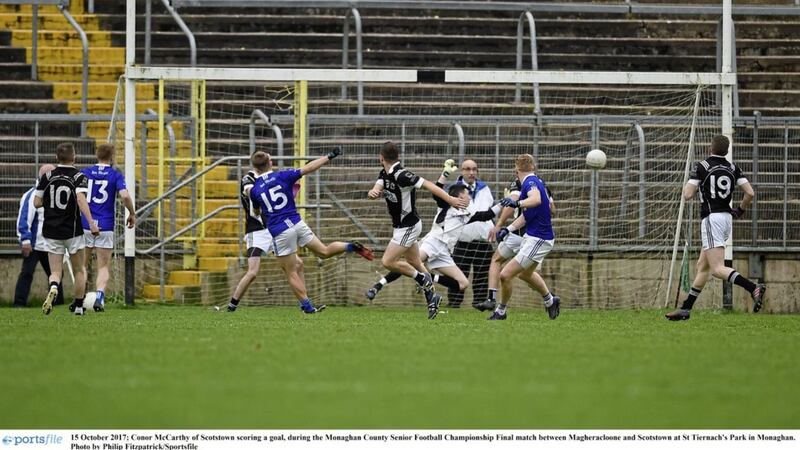 Conor McCarthy fires home Scotstown&#39;s second goal in their 2-17 to 0-13 victory over Magheracloone in the Monaghan SFC final yesterday Picture: Sportsfile 