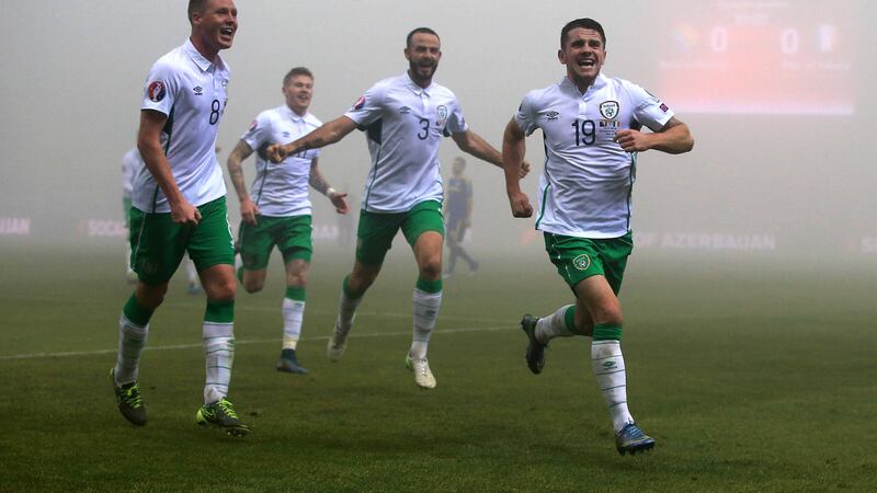 Republic&nbsp;of&nbsp;Ireland's Robert Brady (right) celebrates scoring &nbsp;during the UEFA Euro 2016 Qualifying Playoff first leg against Bosnia-Herzegovina
