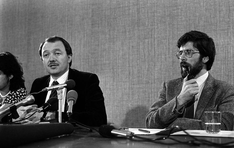 File photo dated 26/7/1983 of Gerry Adams meeting with the then Greater London Council leader Mr Ken Livingstone at County Hall, London&nbsp;