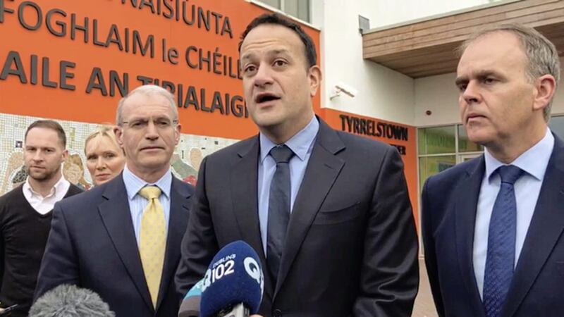 Taoiseach Leo Varadkar and education minister Joe McHugh (right) during their visit to Tyrrelstown Educate Together School, one of two schools in Dublin that has been closed amid concerns over &quot;significant structural issues&quot; 