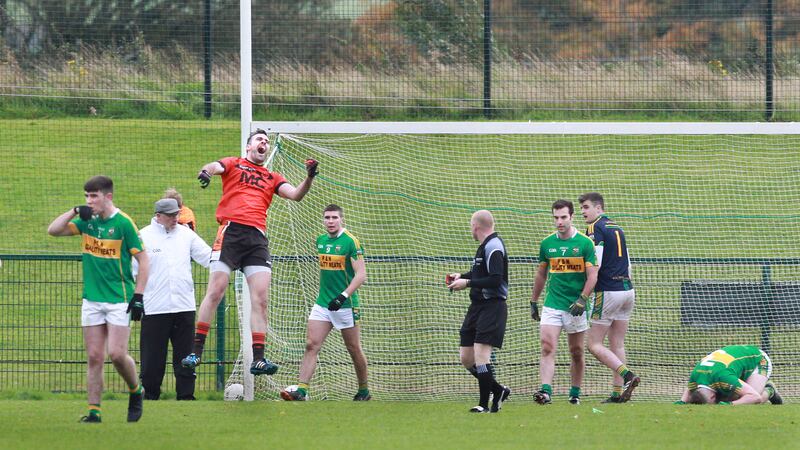 Lavey's Cailean O'Boyle celebrates his side's second goal in their win over Glen on Sunday <br />Picture by Margaret McLaughlin