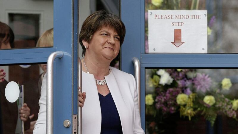 DUP leader Arlene Foster on Wednesday at Our Lady&#39;s Grammar School in Newry 