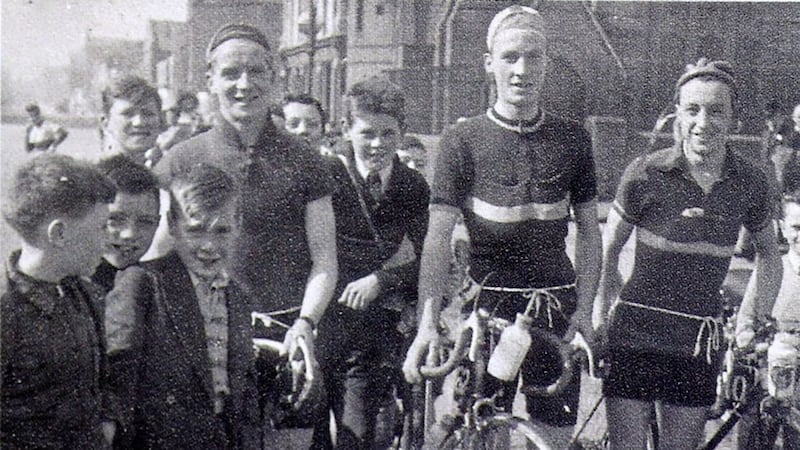 The 1957 St Gabriel&#39;s CC Tour of the North team, from left, Joe Hawthorn, Eamon Burns and Billy Smyth, taken from Billy&#39;s book Before Lycra 