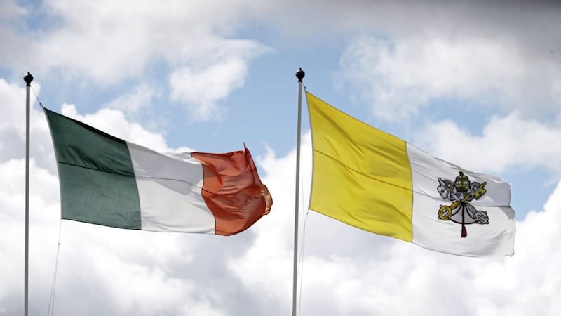 The Irish and Papal flags flying at Knock Shrine in Co Mayo, where Pope Francis will visit on Sunday. Pope Francis should place a mirror in front of both Church and State during his Irish trip, says Bishop Donal McKeown. Picture by Niall Carson/PA Wire 