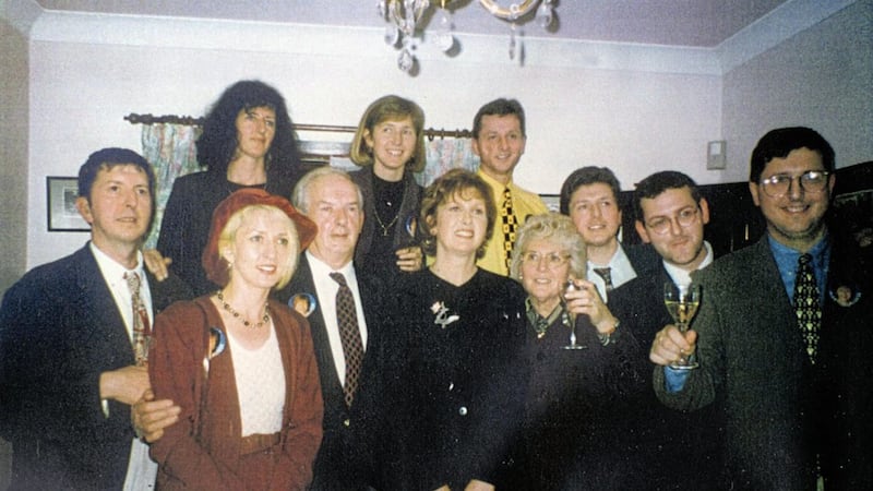 Mary McAleese celebrates with her family after winning the presidency: back row, from left, Nora, Claire, Damien; front, from left, John Catherine (Kate), father Paddy, Mary, mum Claire, Phelim, Clement and Patrick (Pat). Picture courtesy of Mary McAleese 