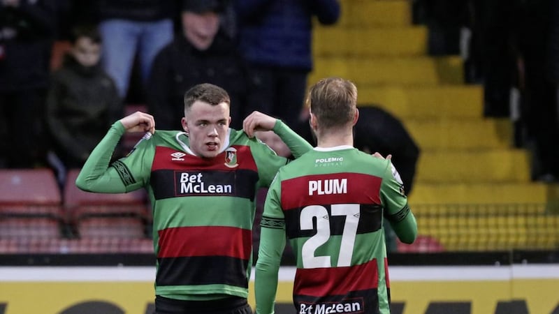 Glentoran&#39;s Christopher Gallagher celebrates his goal in Saturday&#39;s Danske Bank Premiership win over Cliftonville at Solitude Picture by Desmond Loughery/Pacemaker 